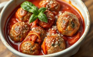 Almôndegas Ao Molho De Tomate servidas em tigela branca, com molho vermelho encorpado e folhas verdes de manjericão decorando