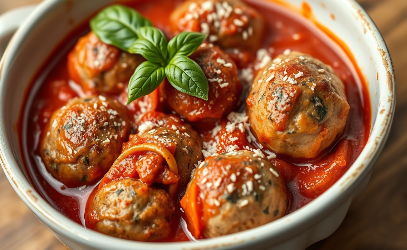 Almôndegas Ao Molho De Tomate servidas em tigela branca, com molho vermelho encorpado e folhas verdes de manjericão decorando