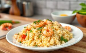 Fotografia realista de Arroz de Camarão cremoso com camarões rosados, servido em prato branco e decorado com ervas frescas