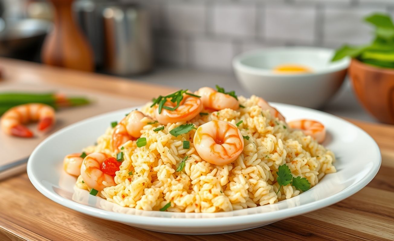 Fotografia realista de Arroz de Camarão cremoso com camarões rosados, servido em prato branco e decorado com ervas frescas