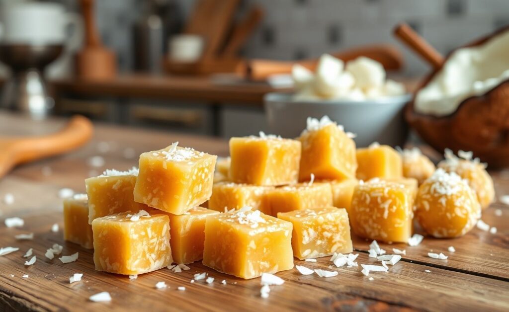 Bala De Coco Caseira dourada e brilhante, com pedacinhos de coco visíveis, disposta em forminhas coloridas sobre mesa rústica