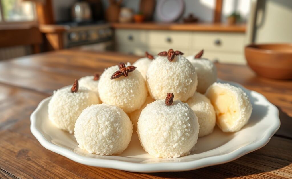 Beijinho Com Coco Ralado - docinhos brancos cobertos de açúcar cristal e decorados com cravo-da-índia, dispostos em prato branco