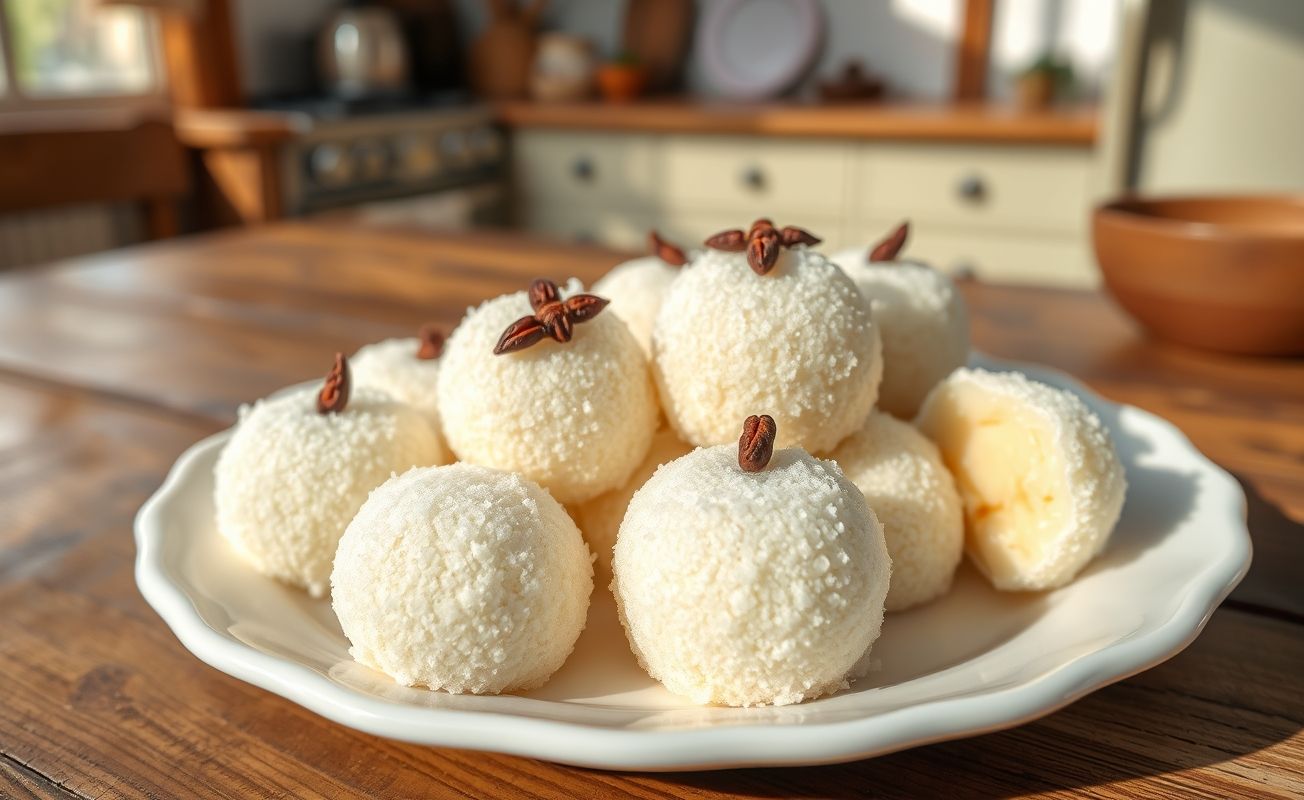 Beijinho Com Coco Ralado - docinhos brancos cobertos de açúcar cristal e decorados com cravo-da-índia, dispostos em prato branco