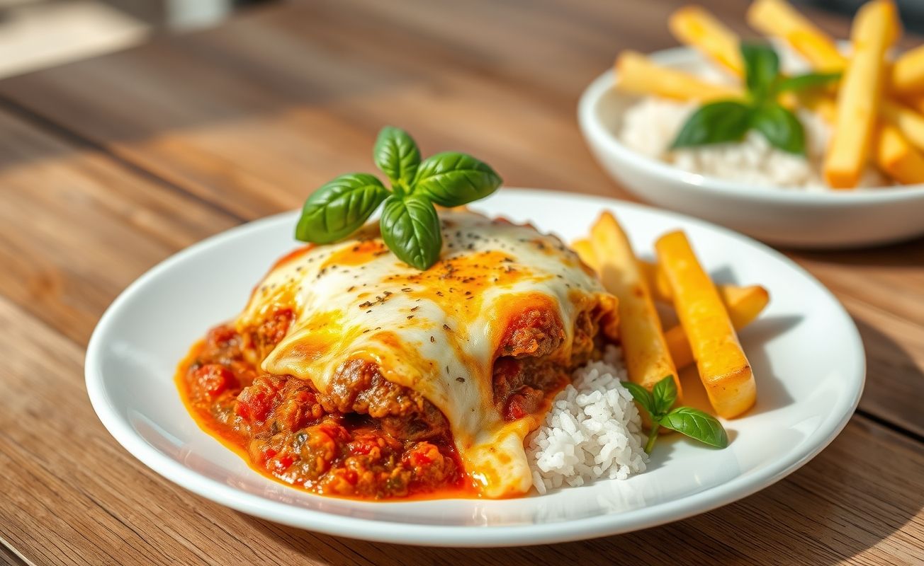 Bife à Parmegiana servido em um prato branco, com queijo derretido dourado, molho de tomate e acompanhado de arroz e batata palha.