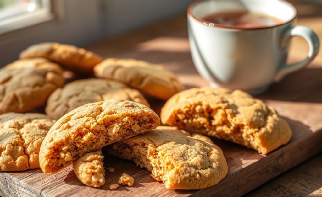 Biscoito de Amendoim Crocante dourado com pedacinhos visíveis de amendoim, dispostos em tábua de madeira rústica