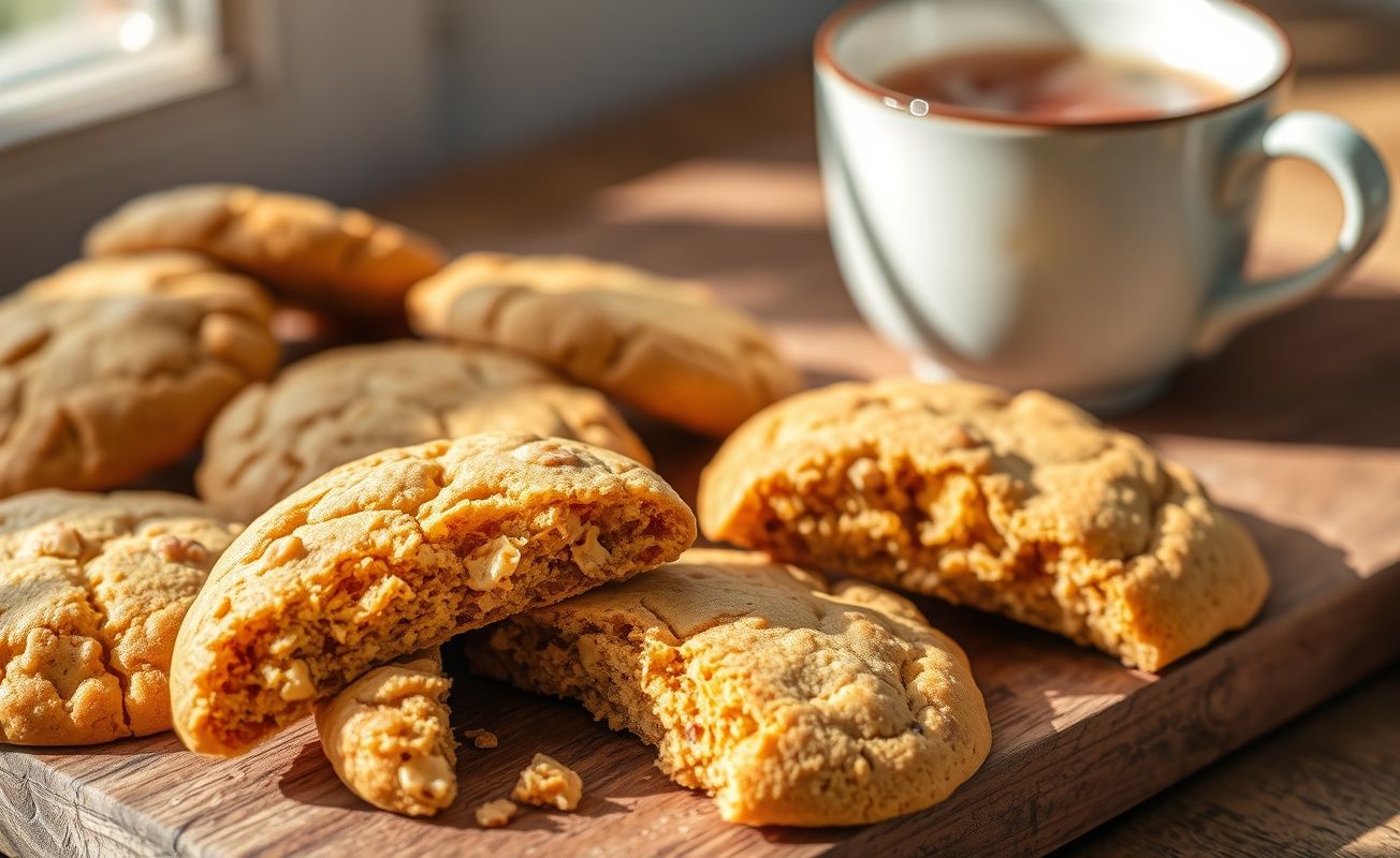 Biscoito de Amendoim Crocante dourado com pedacinhos visíveis de amendoim, dispostos em tábua de madeira rústica