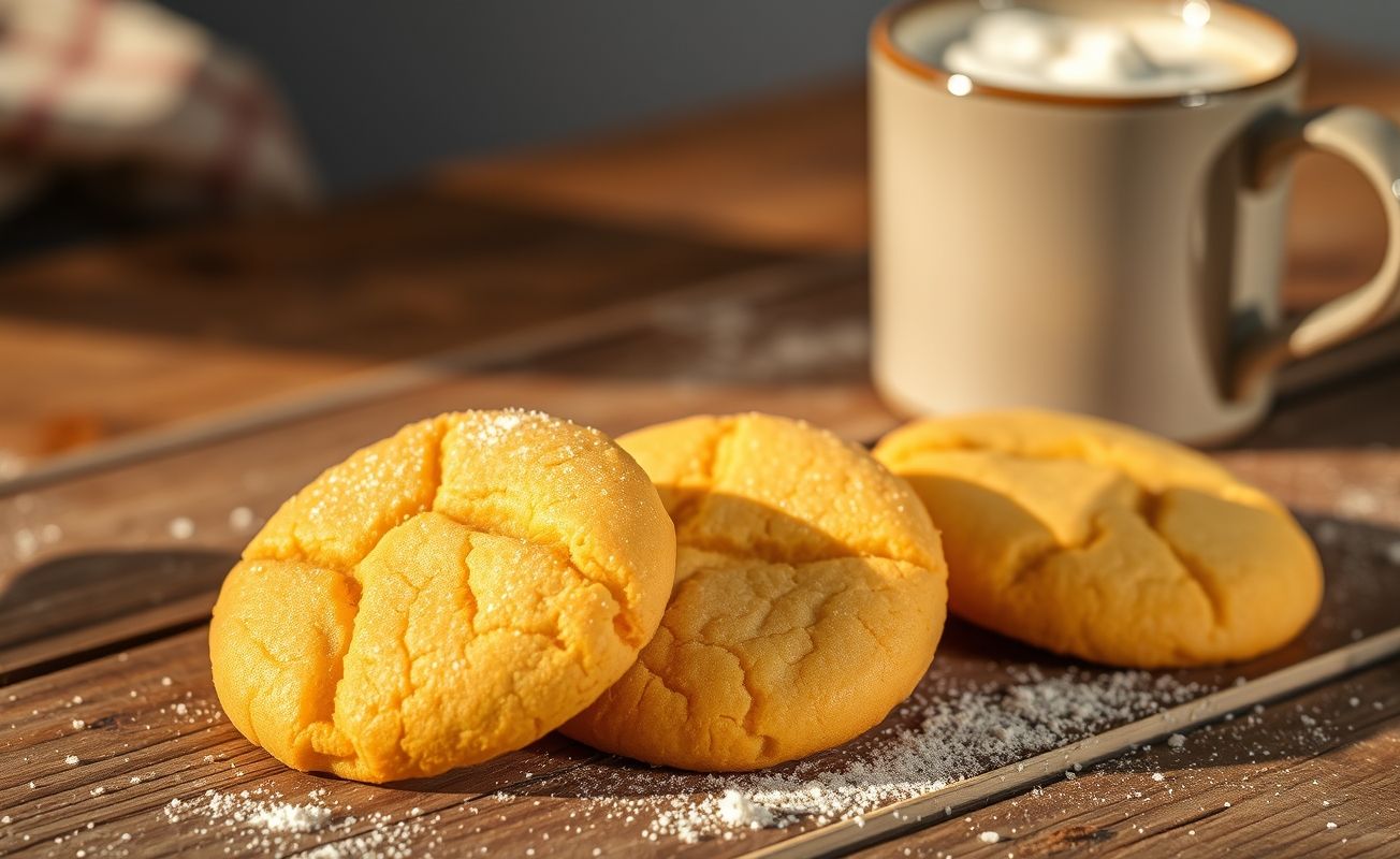 Biscoitos de Leite Condensado dourados e açucarados, dispostos em prato rústico com textura crocante visível