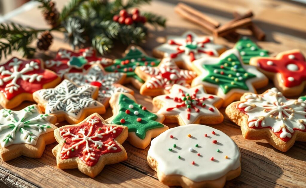 Biscoitos de Natal Decorados coloridos com glacê real em formas de árvore, estrela e boneco de neve sobre mesa rústica