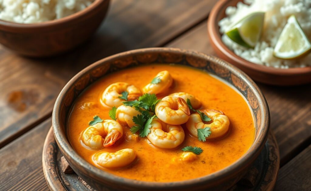 Prato tradicional brasileiro Bobó de Camarão servido em tigela de barro, com camarões em molho cremoso alaranjado decorado com coentro fresco