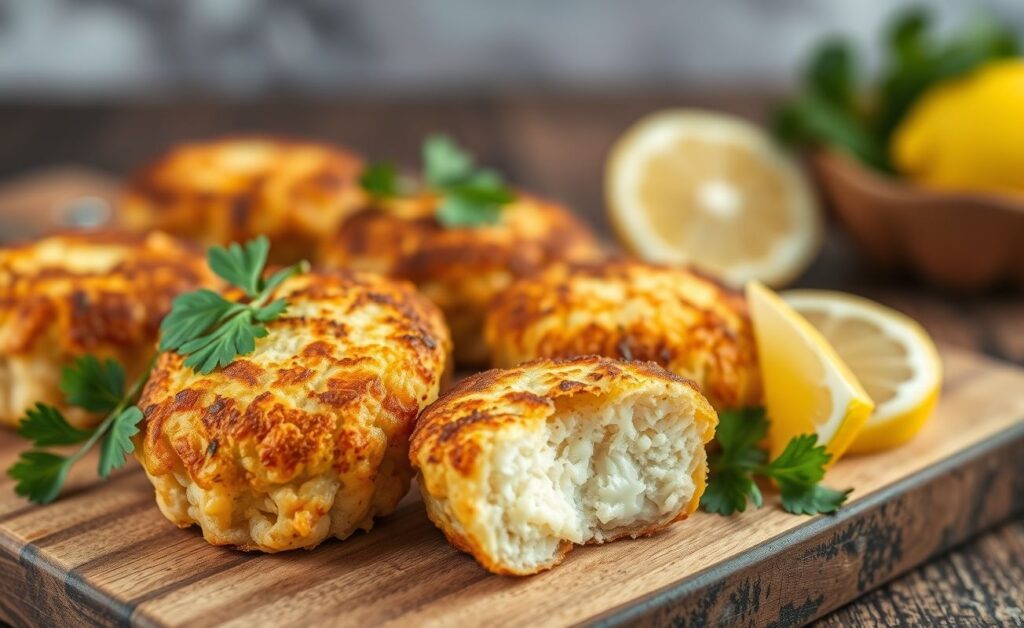 Bolinho de Bacalhau dourado e crocante servido em tábua de madeira com limão e salsa como decoração
