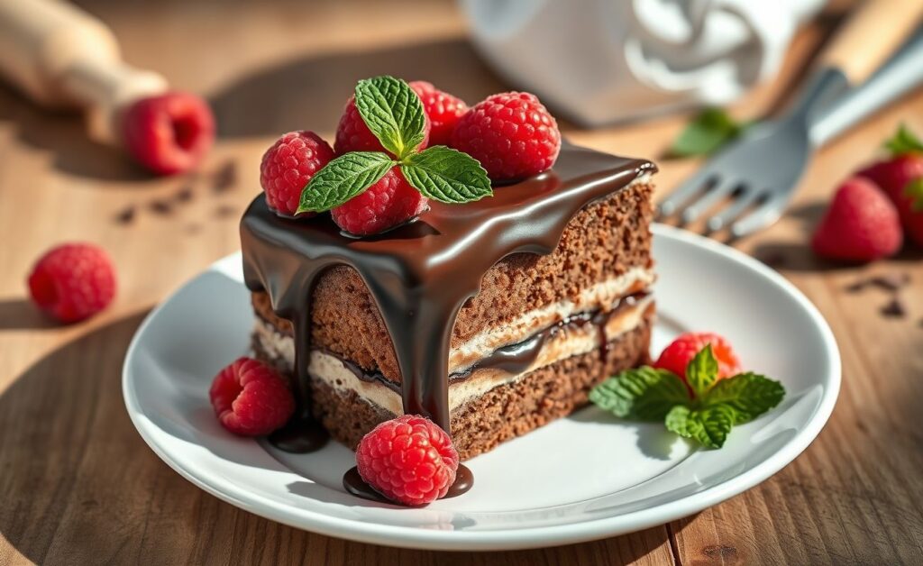 Fatia generosa de Bolo de Chocolate Cremoso com recheio derretido, coberto com ganache e decorado com framboesas frescas
