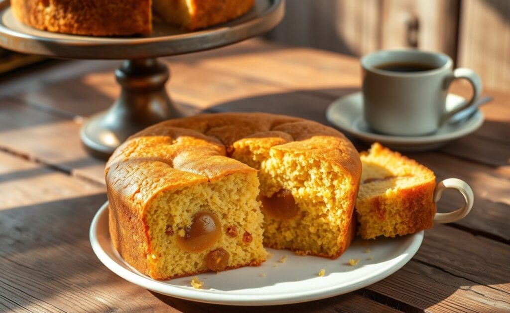 Bolo De Fubá Com Goiabada dourado e úmido com pedaços visíveis de goiabada derretida, servido em fatias sobre prato rústico