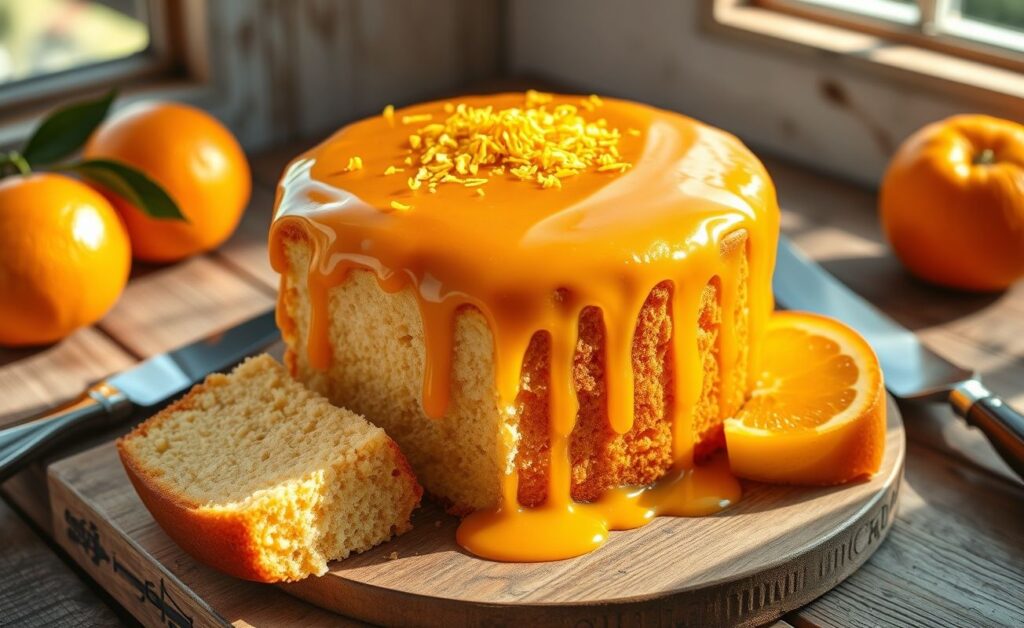 Bolo De Laranja Com Calda dourado com calda brilhante escorrendo pelas laterais, decorado com raspas de laranja e uma fatia cortada mostrando o interior fofo.