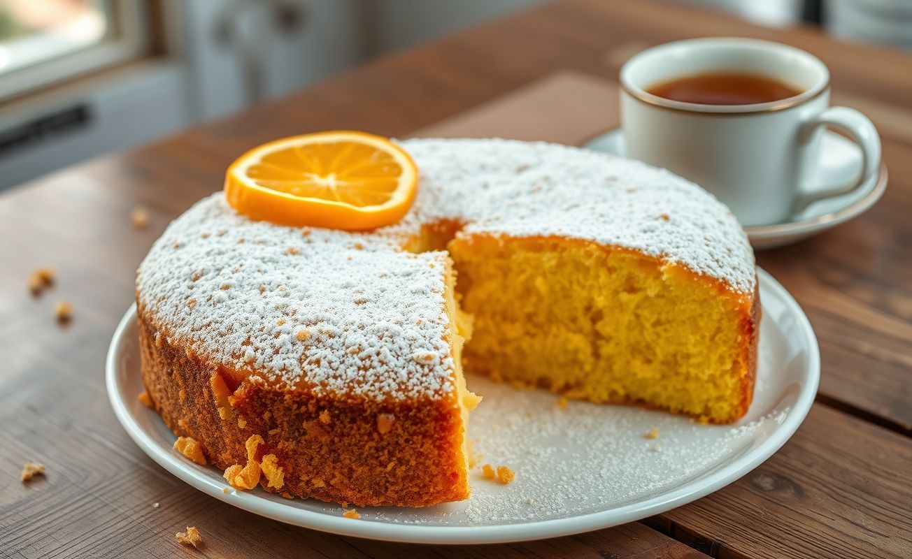 Bolo de Laranja dourado em cima de mesa rústica, com fatia mostrando textura úmida e decorado com raspas e rodelas de laranja