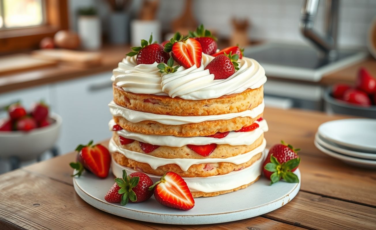 Bolo De Leite Ninho Com Morango decorado com creme branco e morangos frescos, cortado mostrando camadas fofas com recheio de morangos