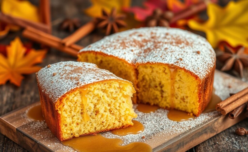 Bolo de Mel com Especiarias dourado e úmido, polvilhado com açúcar e canela, mostrando textura macia em corte lateral