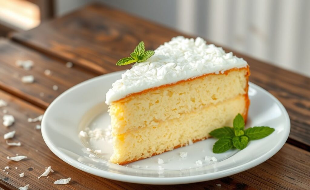 Fatia generosa de Bolo Gelado de Coco decorado com coco ralado, mostrando textura úmida e cremosa, servida em prato branco