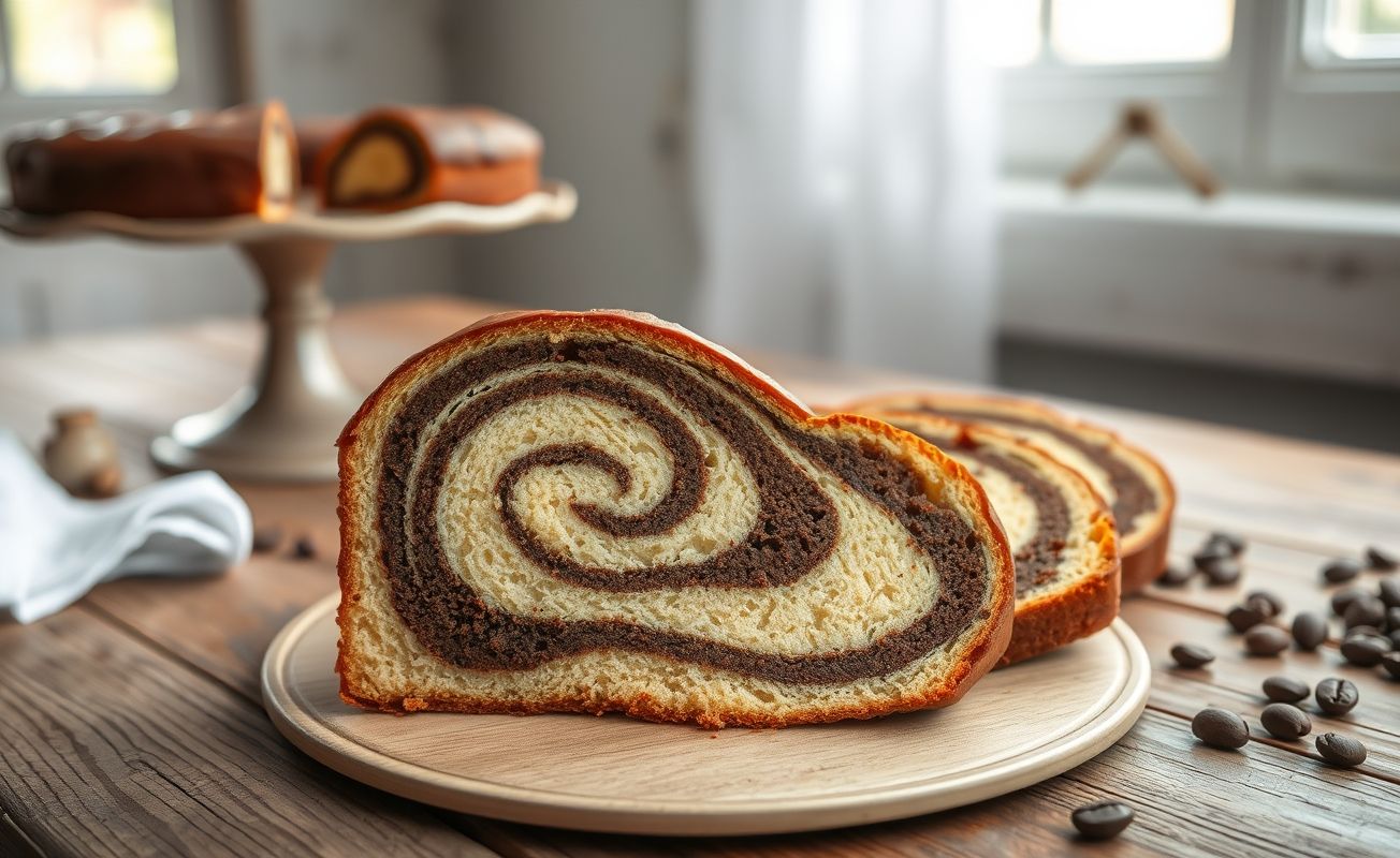Fatia de Bolo Mármore Caseiro mostrando o padrão ondulado de chocolate e baunilha, sobre mesa rústica com fundo desfocado