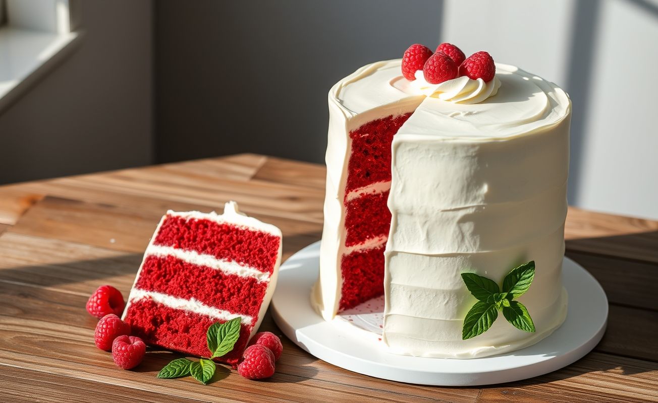 Bolo Red Velvet com Cream Cheese decorado com frosting branco cremoso e fatia cortada mostrando camadas vermelhas vibrantes