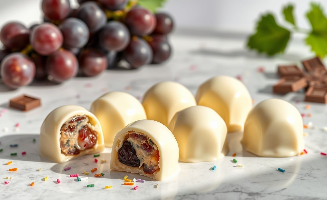 Bombom De Uva Com Chocolate Branco - uvas cobertas com chocolate branco brilhante e granulado colorido, dispostas elegantemente