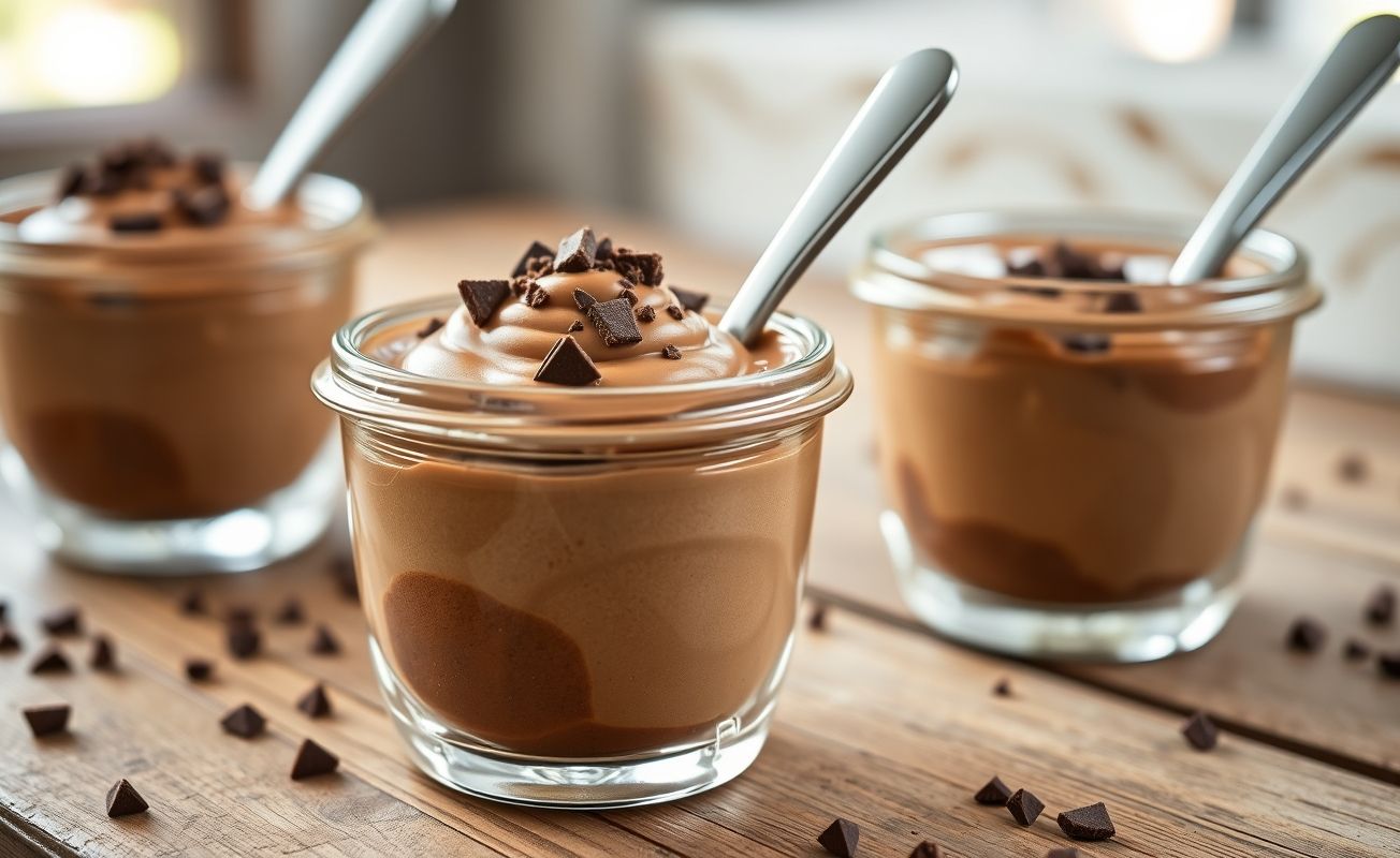 Brigadeiro de Colher com Café cremoso servido em potinhos de vidro, decorado com chocolate granulado