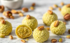 Brigadeiro Gourmet de Pistache redondo coberto com pistache triturado e decorado com meia noz, sobre mármore branco