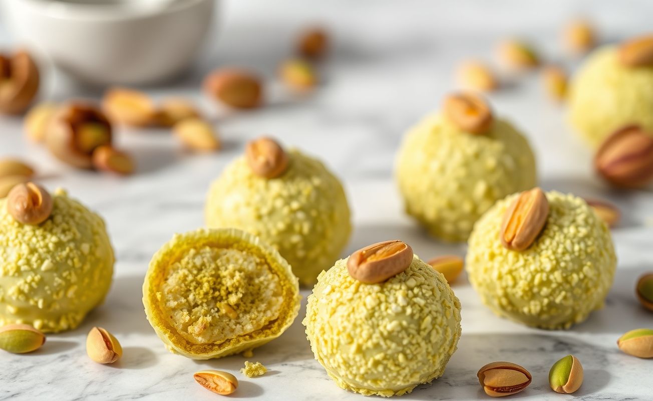 Brigadeiro Gourmet de Pistache redondo coberto com pistache triturado e decorado com meia noz, sobre mármore branco