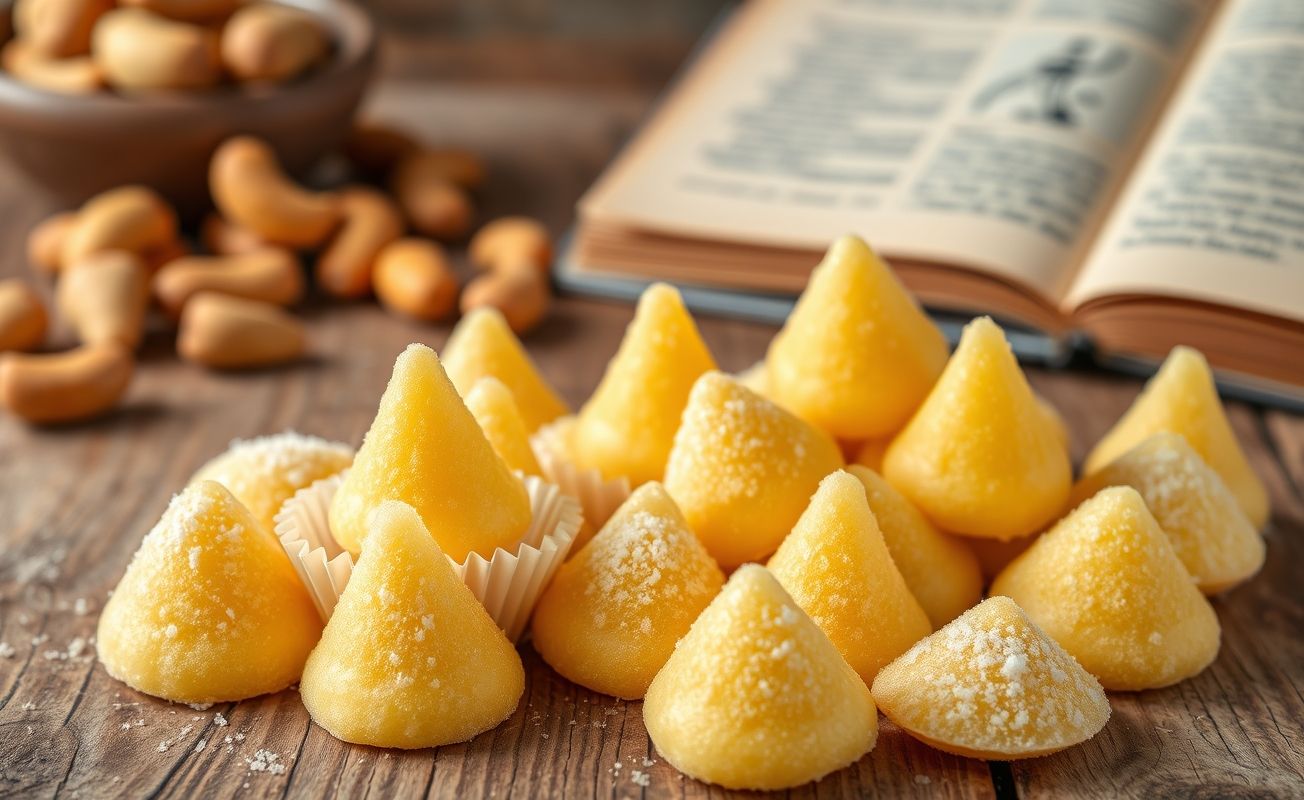 Cajuzinho Tradicional brasileiro em formato de cone, com cor amarelada e coberto de açúcar cristal, dispostos em bandeja decorativa
