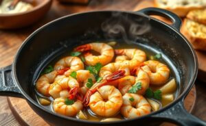 Camarão ao Alho e Óleo dourado servido em frigideira de ferro, com pedaços de alho crocante e salsinha fresca por cima