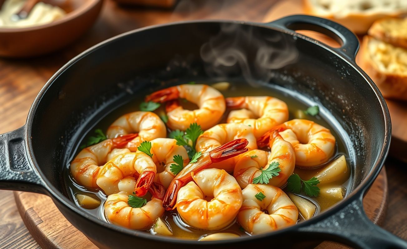 Camarão ao Alho e Óleo dourado servido em frigideira de ferro, com pedaços de alho crocante e salsinha fresca por cima