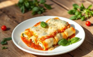 Canelone de Ricota e Espinafre assado com queijo derretido, servido em prato branco com molho de tomate e folhas de manjericão