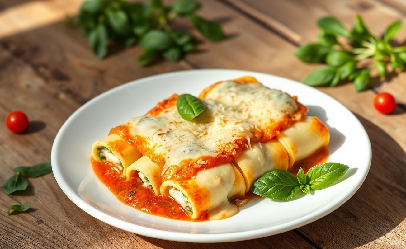 Canelone de Ricota e Espinafre assado com queijo derretido, servido em prato branco com molho de tomate e folhas de manjericão