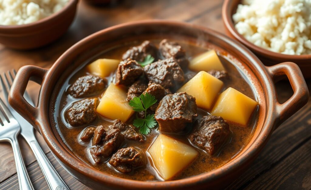 Carne de Panela com Mandioca servida em panela de barro - carne macia com pedaços de mandioca cremosa em caldo encorpado