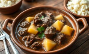Carne de Panela com Mandioca servida em panela de barro - carne macia com pedaços de mandioca cremosa em caldo encorpado