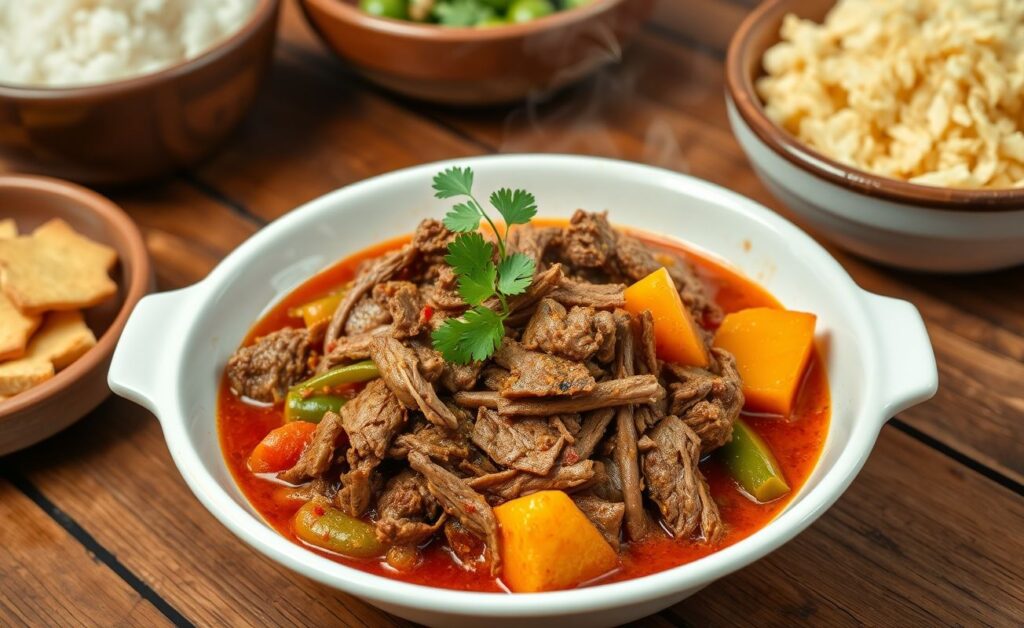 Carne Louca de Panela servida em tigela branca com carne desfiada em molho vermelho acompanhada de arroz e farofa