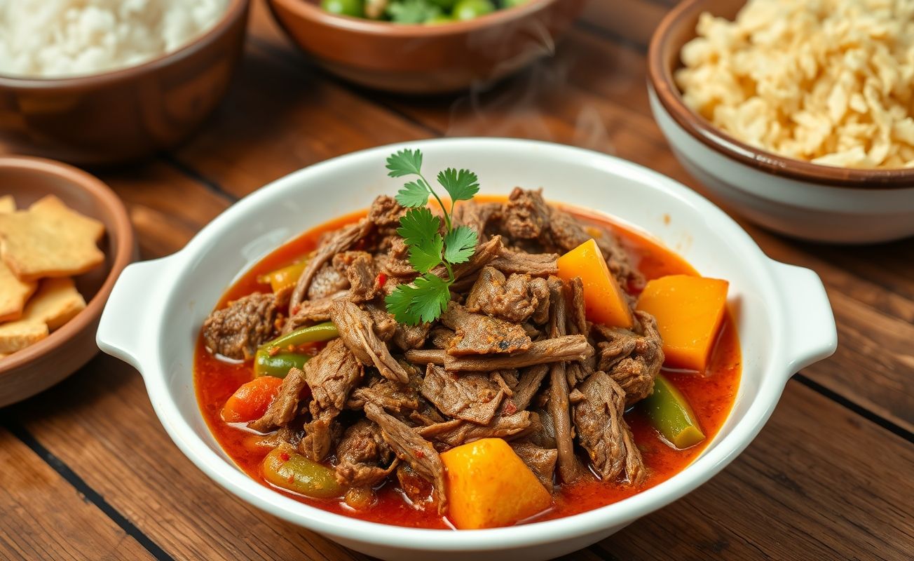 Carne Louca de Panela servida em tigela branca com carne desfiada em molho vermelho acompanhada de arroz e farofa