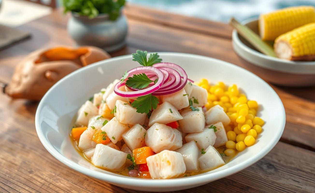 Prato de Ceviche Peruano com peixe branco marinado em limão, cebola roxa e coentro, acompanhado de batata-doce e milho