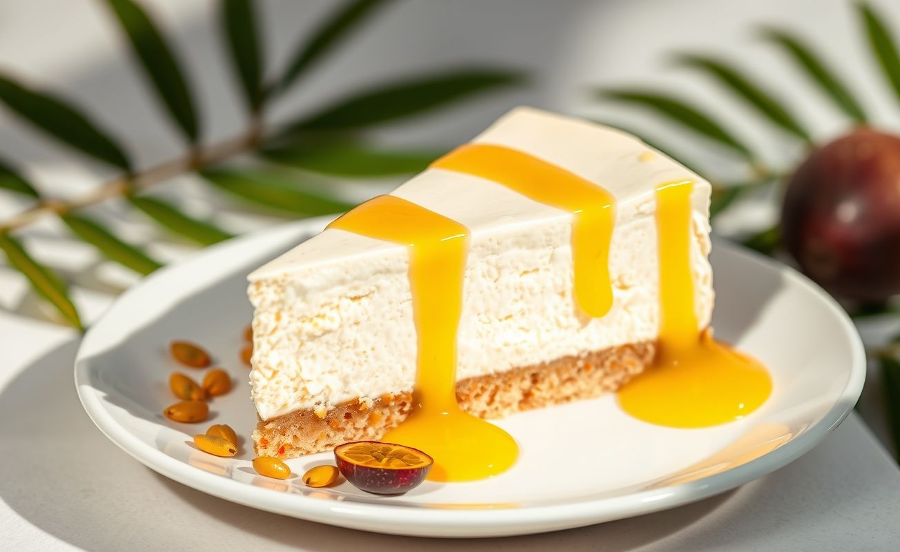 Fatia de Cheesecake de Maracujá com recheio branco cremoso, coberto com calda amarela vibrante e sementes de maracujá, sobre base crocante de biscoito.
