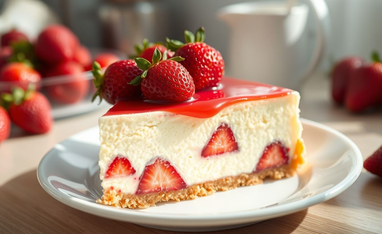 Fatia de Cheesecake De Morango cremoso decorada com morangos frescos e calda brilhante sobre prato branco