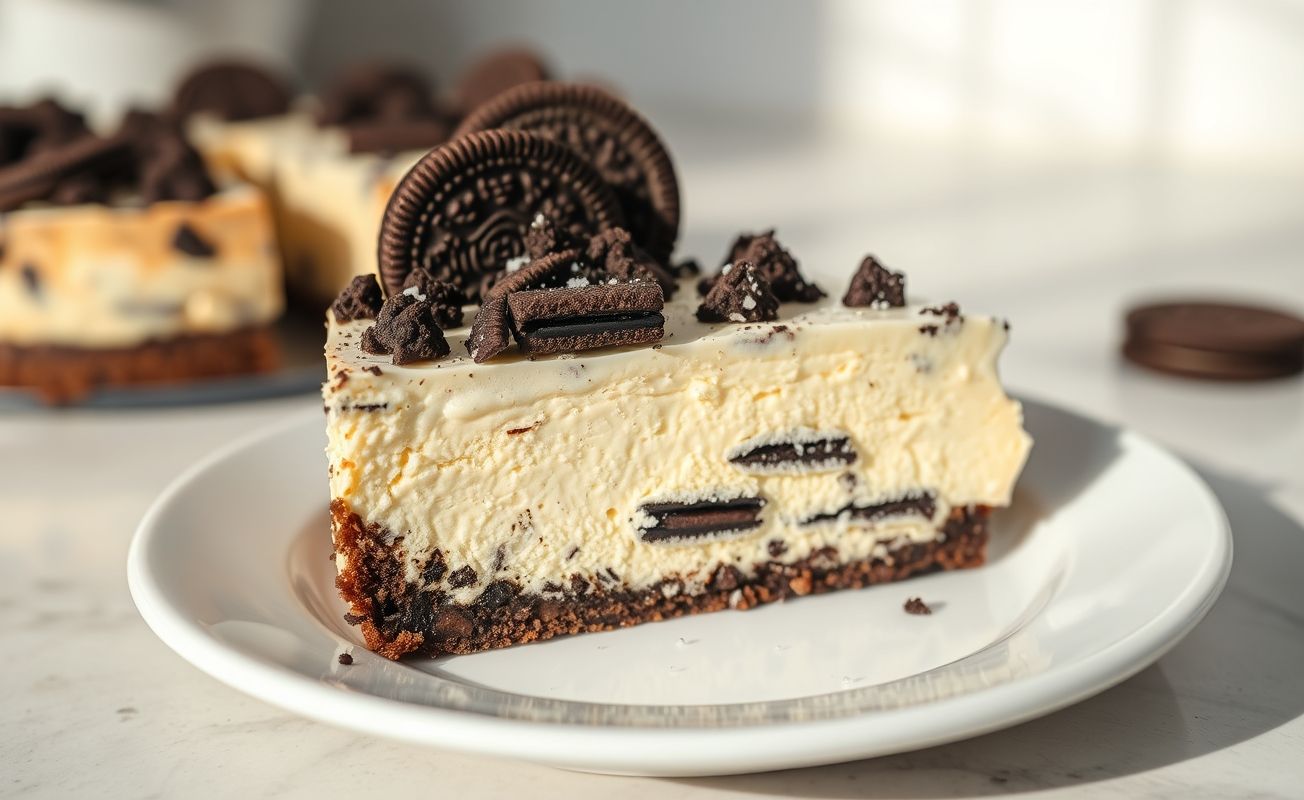 Fatia de Cheesecake De Oreo mostrando camadas cremosas e base crocante, decorada com pedaços de biscoito Oreo em um prato branco