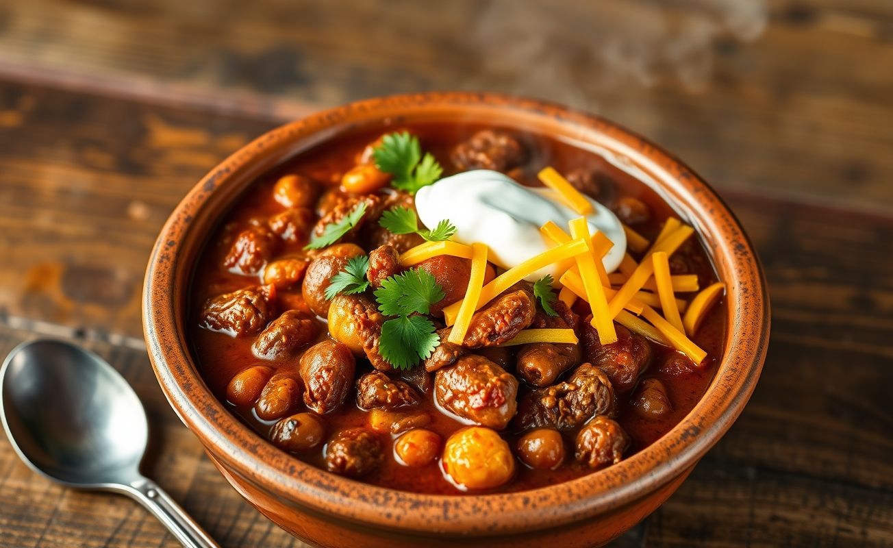 Bowl de Chili com Carne servido quente com carne suculenta, feijão e molho encorpado, decorado com queijo derretido e sour cream