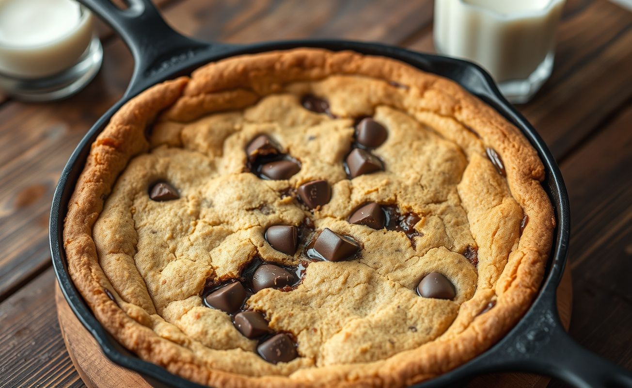 Cookie Gigante na Frigideira dourado com gotas de chocolate derretendo, servido direto na frigideira com bordas crocantes