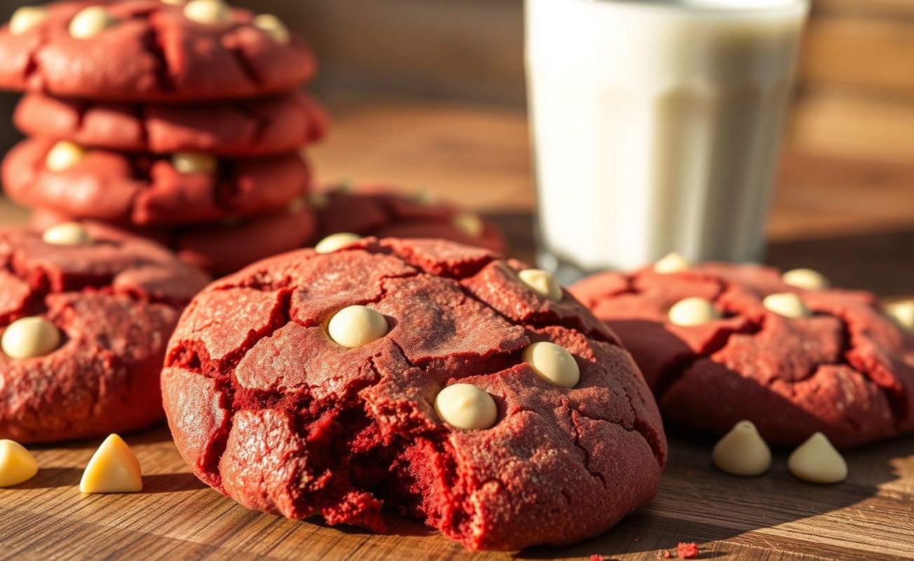 Cookies Red Velvet recém-saídos do forno com gotas de chocolate branco visíveis, sobre mesa rústica