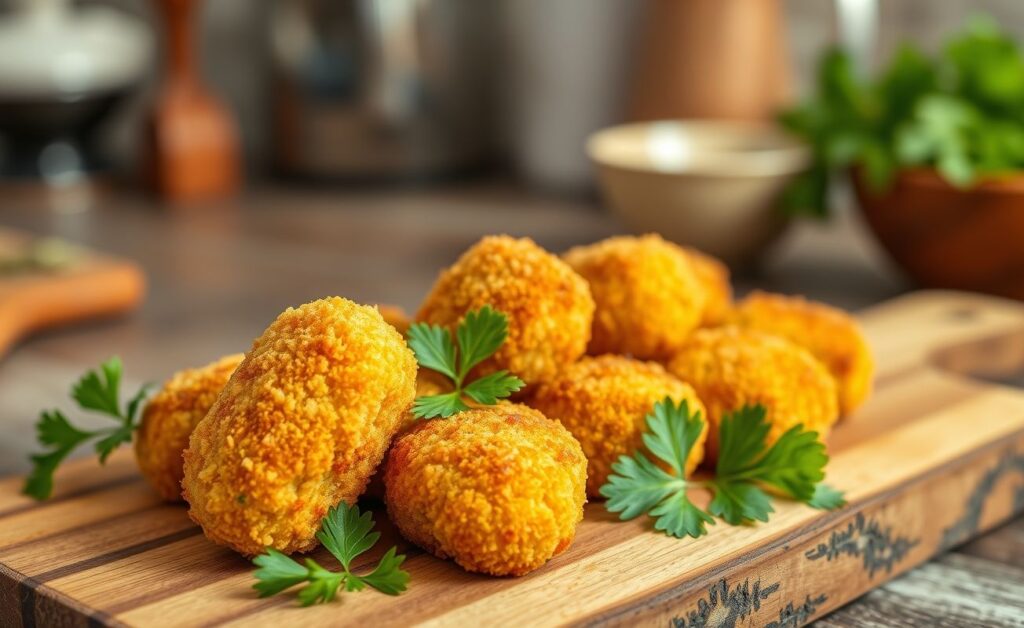 Coxinha De Frango Tradicional frita dourada e crocante servida em travessa de madeira rústica