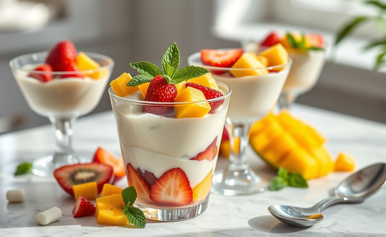 Taça de Creme Belga com Frutas decorada com morangos, kiwi e manga, acompanhada de folhas de hortelã