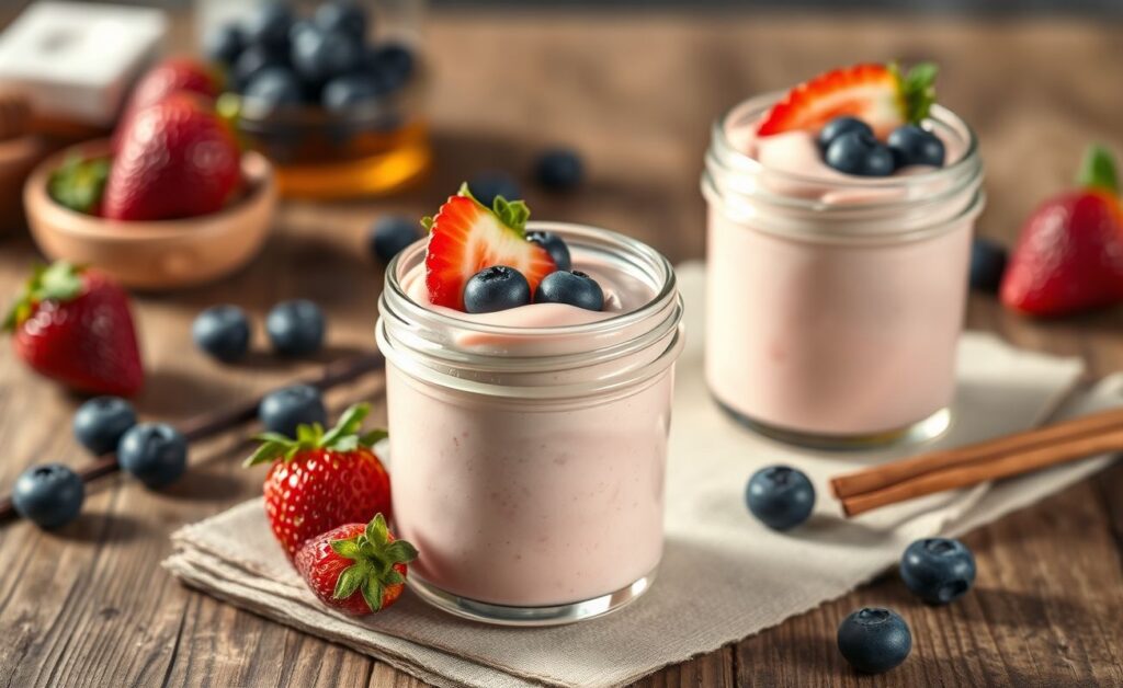 Danoninho Caseiro cremoso servido em potinhos de vidro com frutas frescas por cima, textura lisa e cor clara convidativa