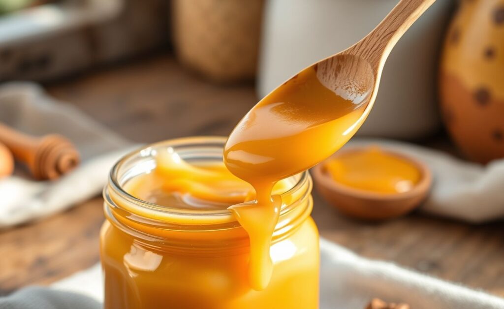 Doce De Leite Caseiro cremoso em pote de vidro com colher de madeira, mostrando textura lisa e cor caramelada