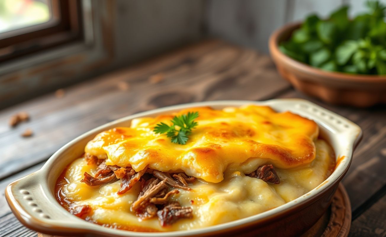 Escondidinho de Carne Seca servido em refratário, com camadas de purê cremoso e carne seca desfiada, gratinado com queijo derretido.