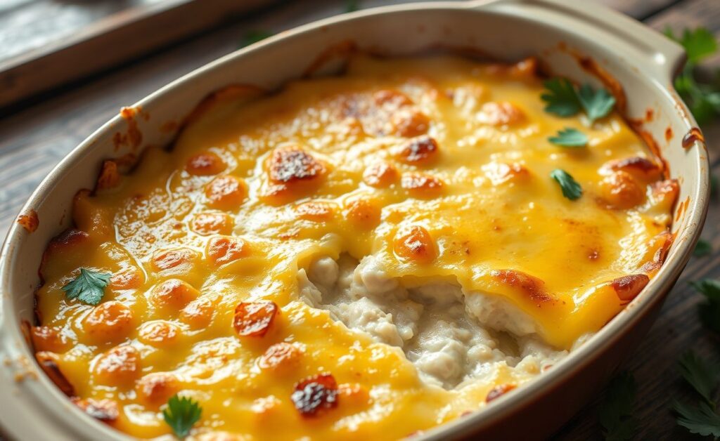 Escondidinho De Frango Com Requeijão servido em refratário com queijo derretido dourado e purê de batata cremoso, decorado com salsinha fresca