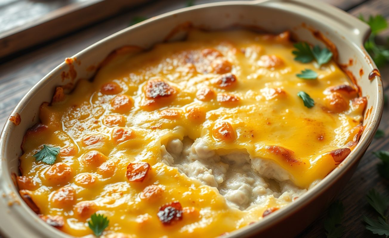 Escondidinho De Frango Com Requeijão servido em refratário com queijo derretido dourado e purê de batata cremoso, decorado com salsinha fresca